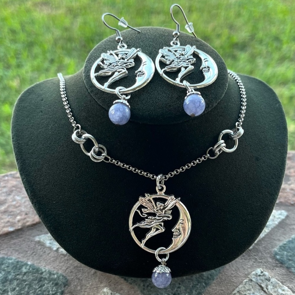 Set ! Fairy moon blue angelite gemstones beads necklace + matching earrings boho